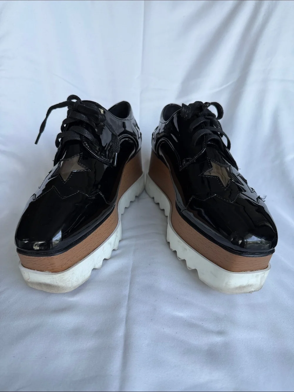 Designer inspired Black Patent Platform Lace-Up Shoes with Star Accents